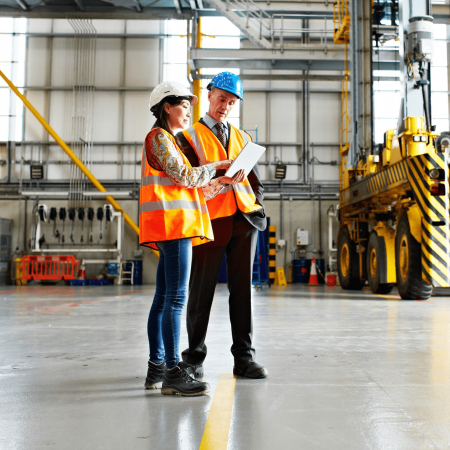 Woman and man in hardhats standing in a warehouse. Sandy Spring Bank commercial banking. 