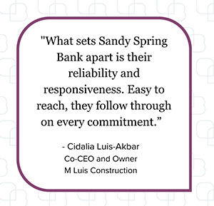 What sets Sandy Spring Bank apart is their reliability and responsiveness. Easy to reach, they follow through on every commitment.